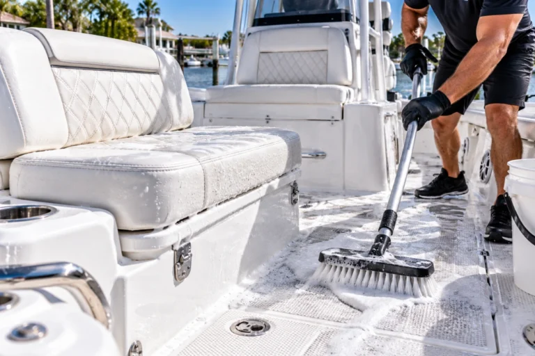 Detailer scrubbing a boat deck beside white vinyl seats