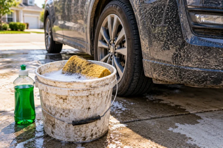 Dirty bucket with a worn sponge and dish soap next to a dusty car