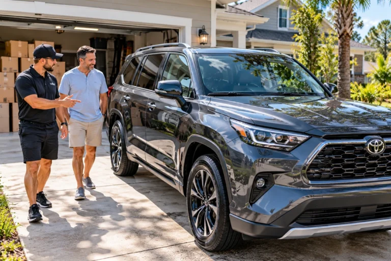 Detailer and homeowner walking around a clean gray SUV with moving boxes in the garage