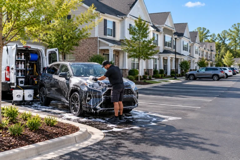 Detailer washing a car in the end space of a townhome parking lot
