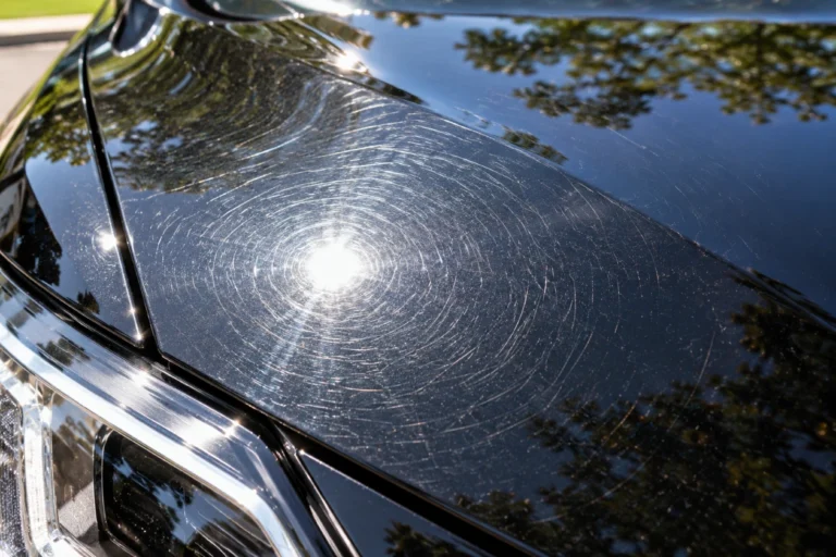Swirl marks on black car paint in direct sunlight