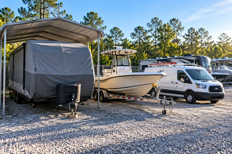 Storage lot with a covered camper, a boat on a trailer and a work van