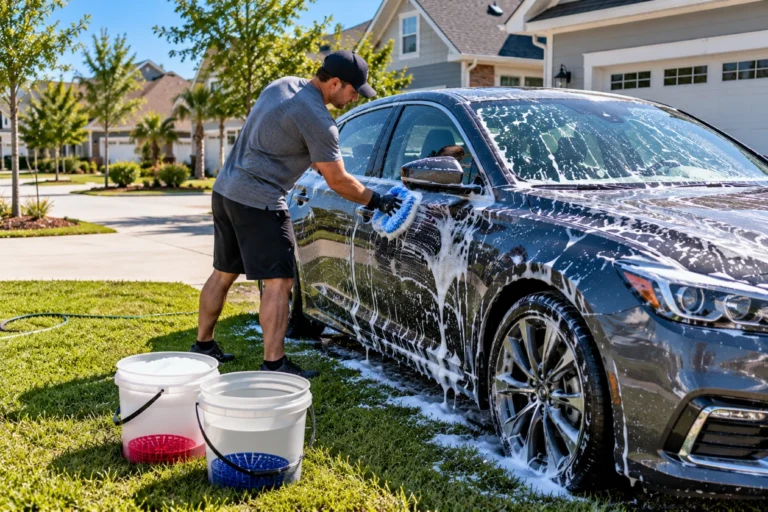 Person washing a car on the grass with two buckets and a wash mitt