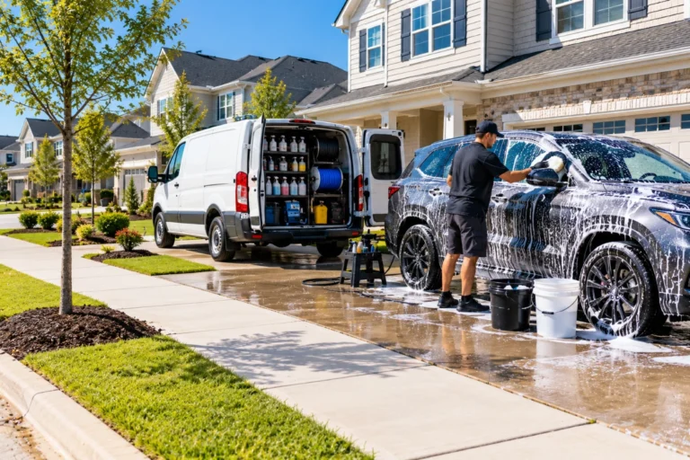 Detailing van in the driveway of a newer Summerville neighborhood with a detailer washing an SUV