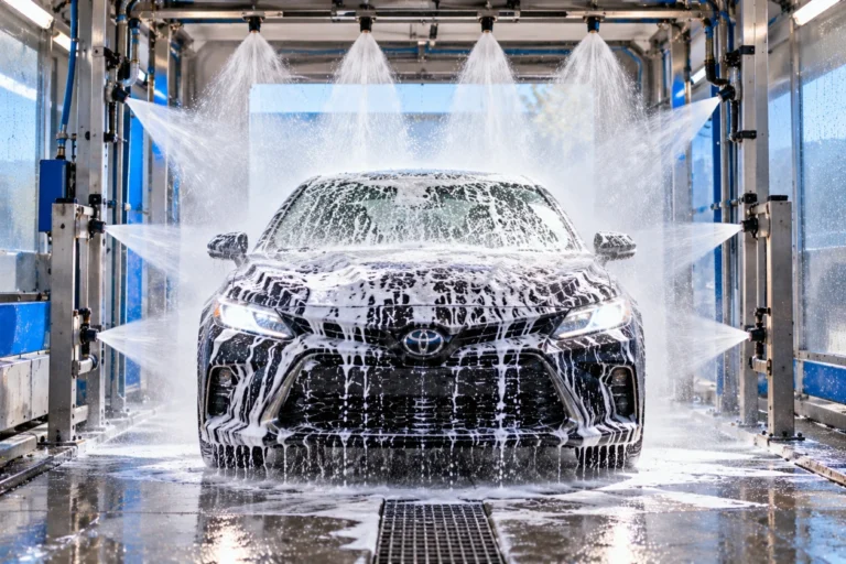 Car inside a touchless car wash bay with water jets and foam
