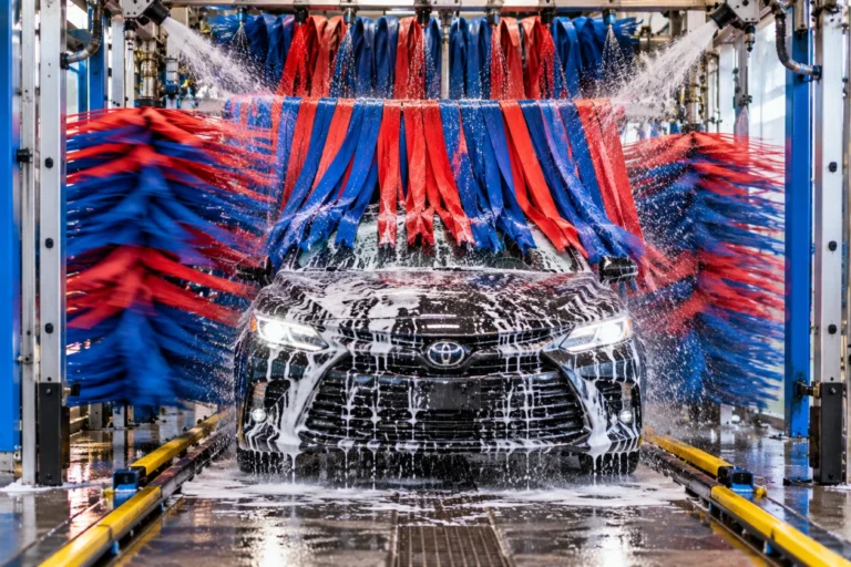 Car going through a tunnel car wash with spinning cloth brushes