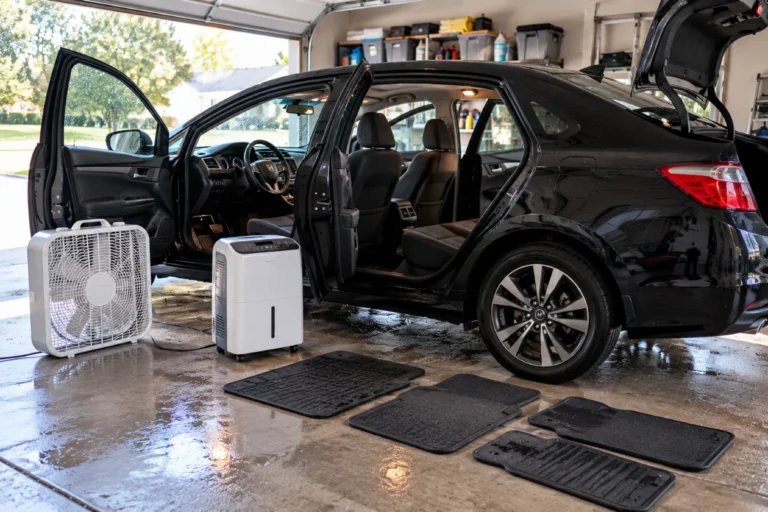 Car drying in a garage with doors open, a fan, a dehumidifier and floor mats laid out