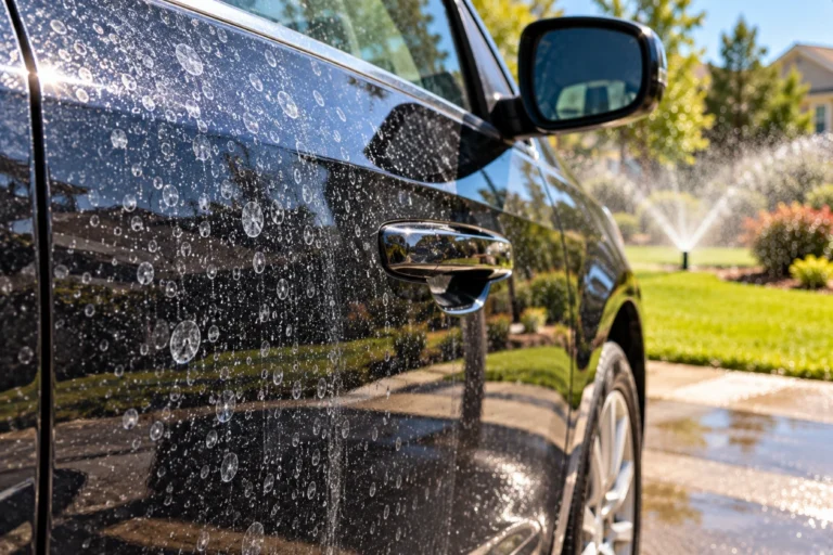 Water spots on a black car door with a lawn sprinkler behind
