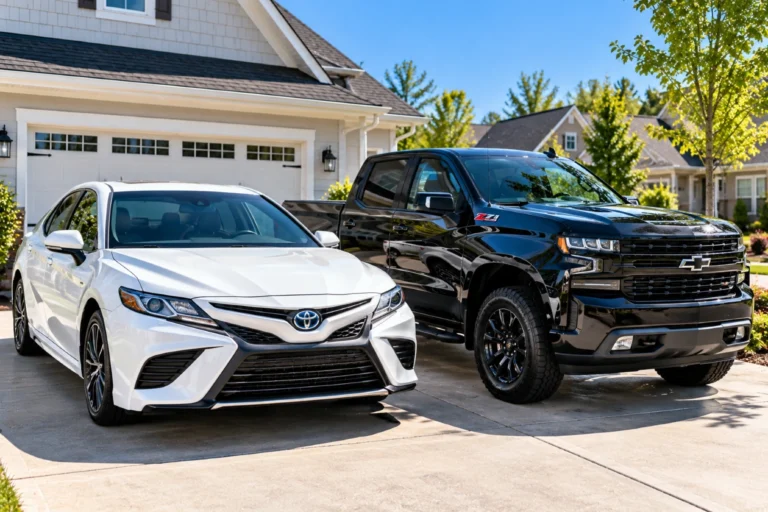 White sedan and black pickup truck parked side by side in a driveway