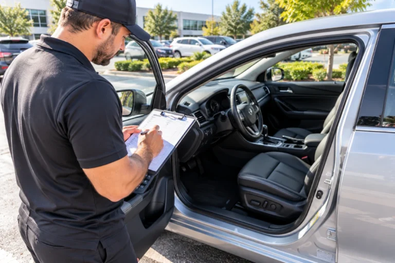 Inspector with a clipboard checking the door and seat of a silver sedan