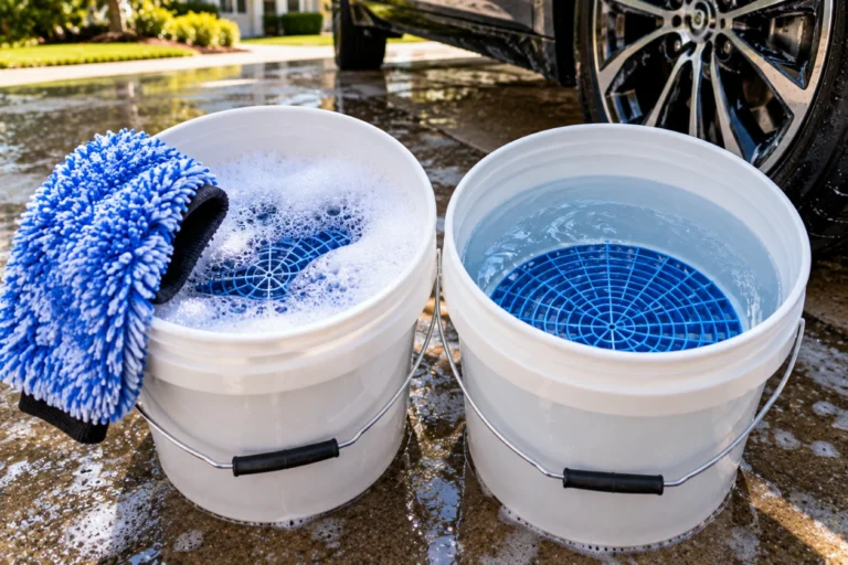 Two wash buckets with grit guards and a microfiber wash mitt