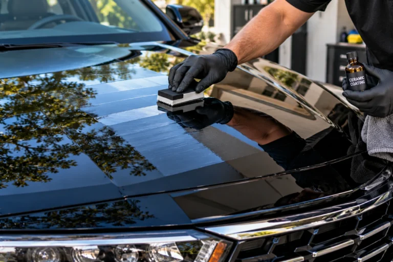Gloved hand applying ceramic coating to a black car hood with an applicator block