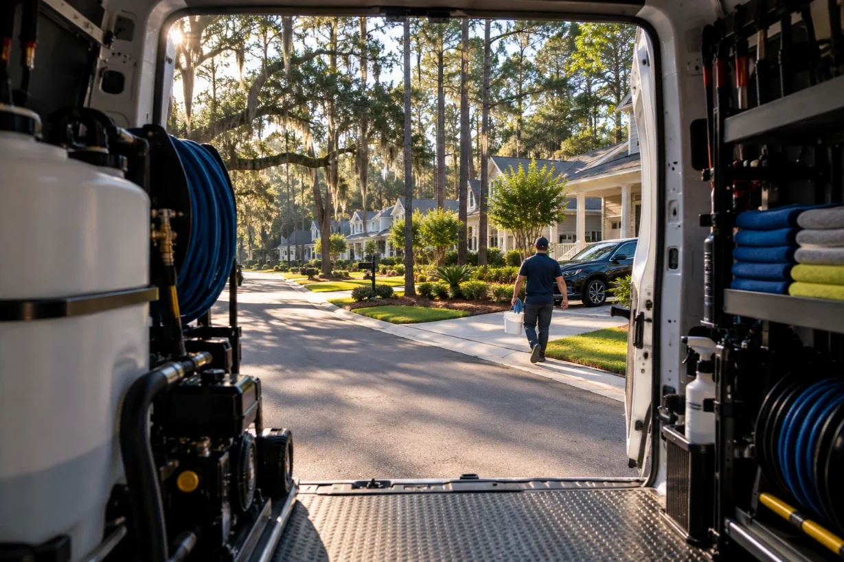 View from inside a detailing van of a detailer carrying a bucket down a Summerville street lined with pines and live oaks
