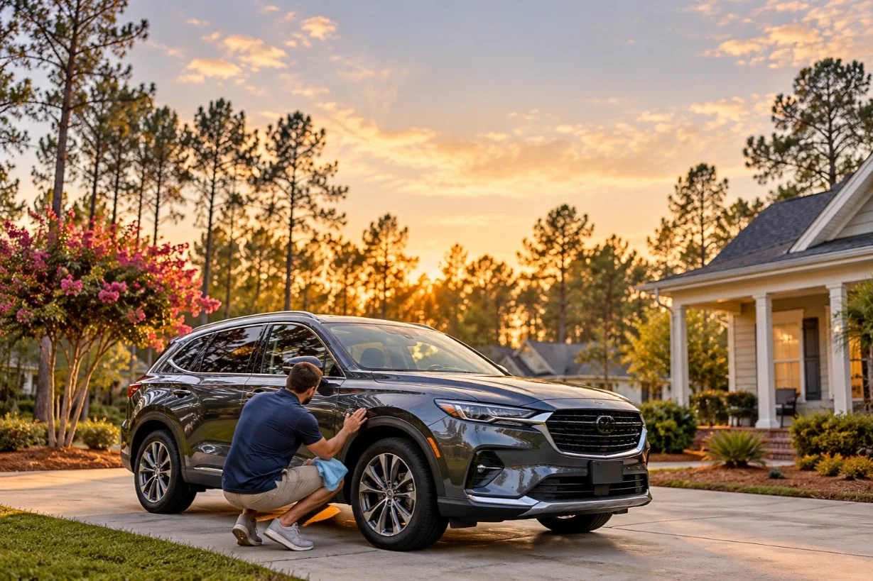 Homeowner checking the paint on a gray SUV in a Summerville driveway at sunset, with pines and a crepe myrtle behind