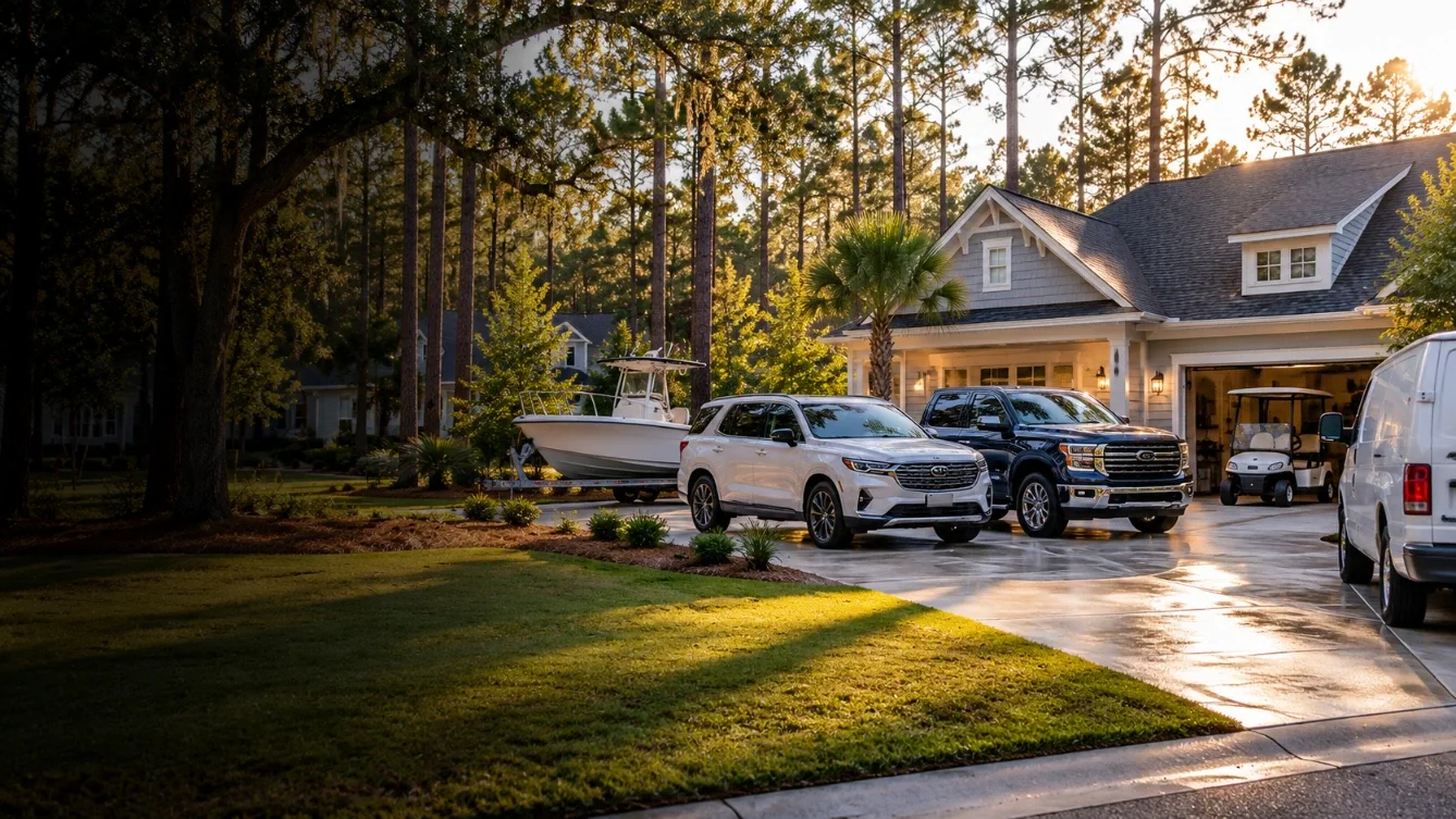 White SUV, pickup truck, golf cart and a boat on a trailer at a Summerville home, with a work van in the driveway