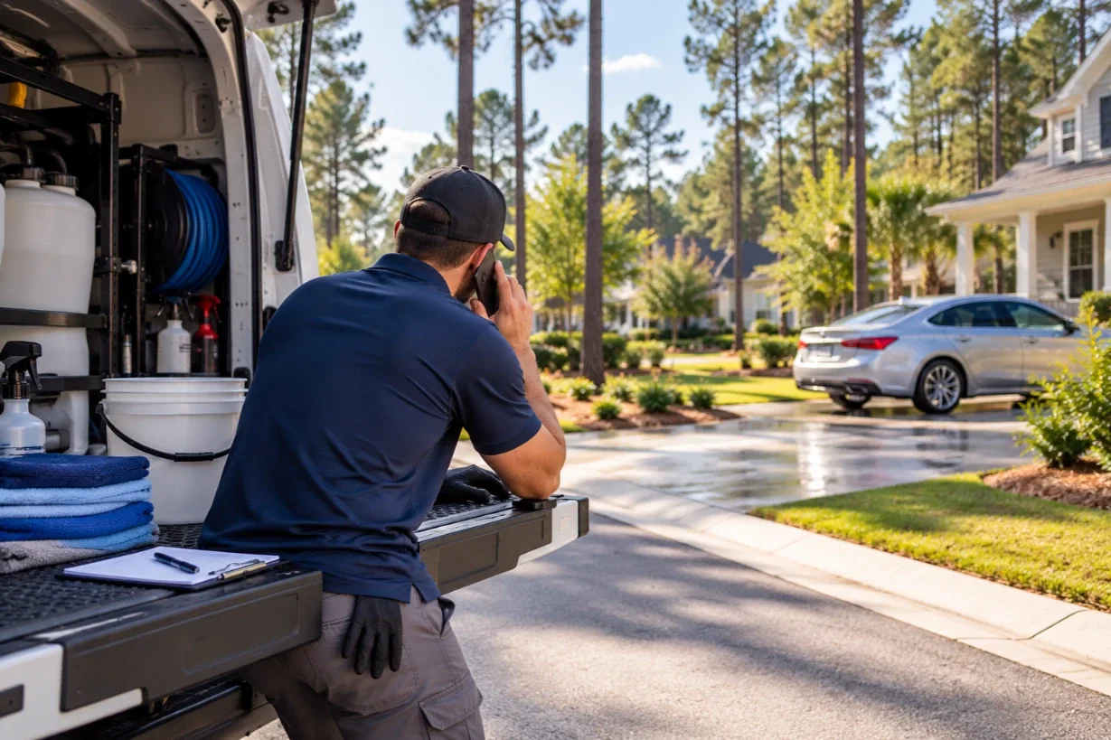 Mobile detailer taking a phone call at the back of his van with a notepad, on a pine lined neighborhood street