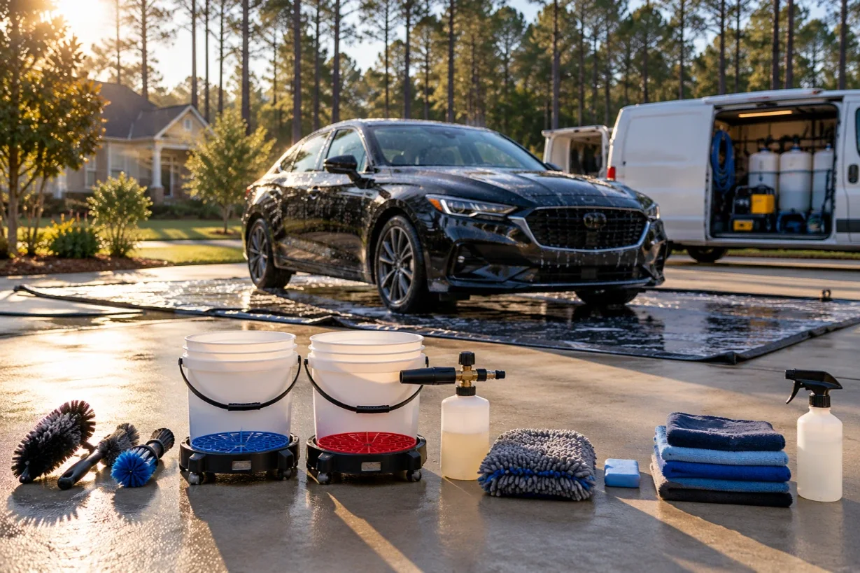 Wash buckets, brushes, a foam sprayer and microfiber towels laid out on a driveway in front of a black sedan and a detailing van